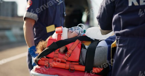 Preview: People, accident and emergency on road with ventilation for life support, medical response to traum