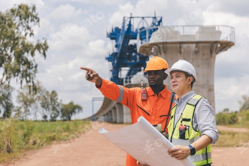 Preview: Surveyor engineer worker making measuring with theodolite tool equipment at construction site.