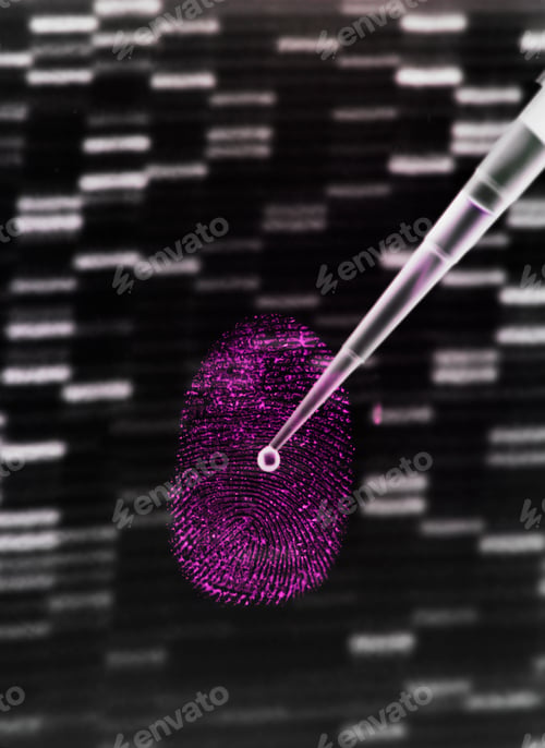 Preview: DNA sample being pipetted onto human fingerprint and DNA gel to illustrate genetic engineering