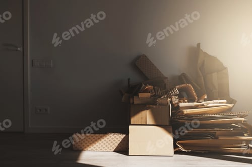 Preview: Stack of Cardboard Waste at home. Concepts of Paper Recycling and Waste Sorting