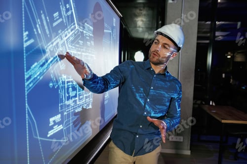 Preview: Modern exterior. Man architect in hard hat is near projector with construction plan