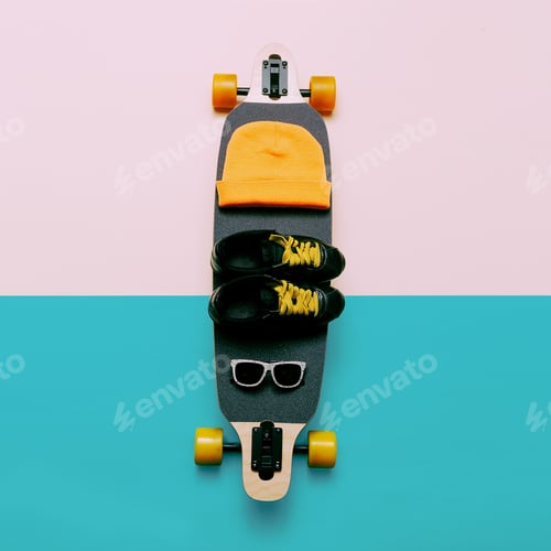 Preview: Skateboard, Sunglasses, Cap, Sneakers. Love Urban fashion. Minim