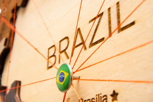 Preview: Brazil flag on the pin with red thread showed the paths on the wooden map.