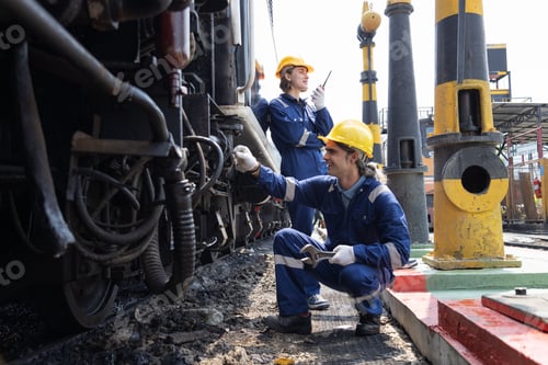 Preview: Portrait of Engineer train Inspect the train's diesel engine, railway track in depot of train