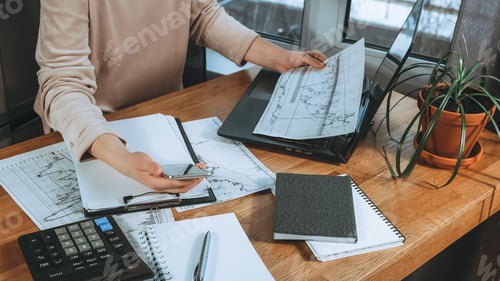 Preview: Investments. Young woman investor buys stocks on the stock exchange stock market from home