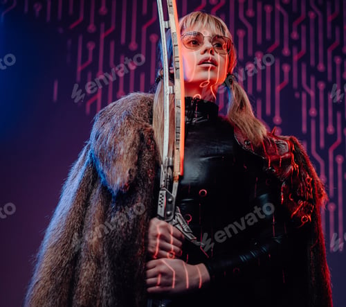 Preview: Young girl with sunglasses and fur holding sword