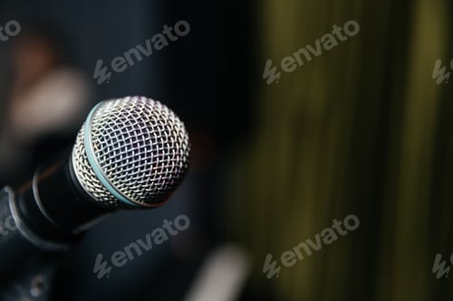 Preview: Microphone with blur light background Hall for reporter repor