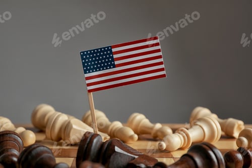 Preview: Fallen chess pieces and USA flag on board