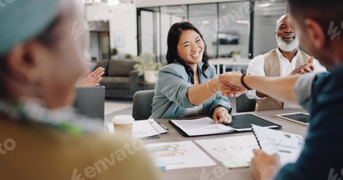 Preview: Deal, handshake and applause with business people in meeting for partnership, target and success. W