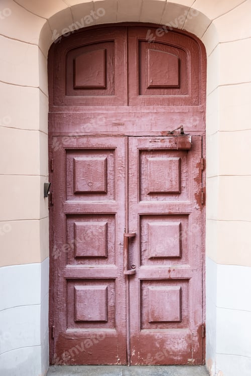 Preview: old painted shabby wooden outdoor door of house