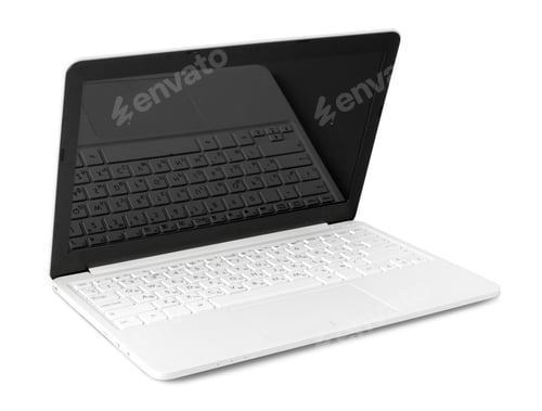 Preview: Laptop with open screen showing black reflection and white keyboard on a light surface