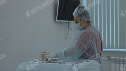 Preview: Medical Professional Prepares Surgical Tools in Operating Room