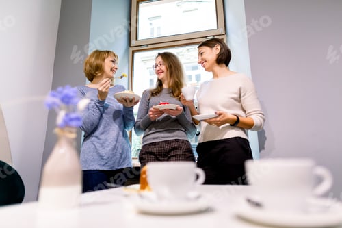 Preview: Three beautiful women holding plates with delicious cakes desserts in cafe