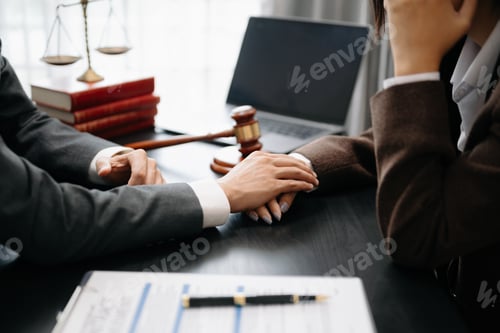 Preview: Business people compassionately holding hands and discussing contract papers with laptop