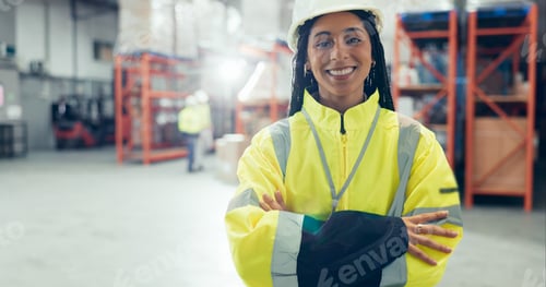 Preview: Logistics, portrait and arms crossed with woman in warehouse for distribution, freight or supply ch
