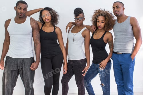 Preview: Studio portrait of five serious adult friends