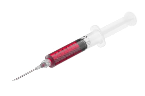 Preview: Single use syringe full of blood isolated on pure white background