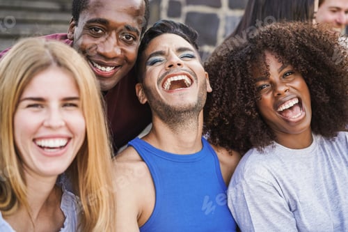 Preview: Young diverse people having fun outdoor laughing together - Focus on gay male face