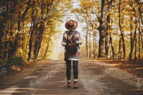 Preview: Stylish woman traveller in hat with backpack walking on road in sunny autumn woods. Wanderlust
