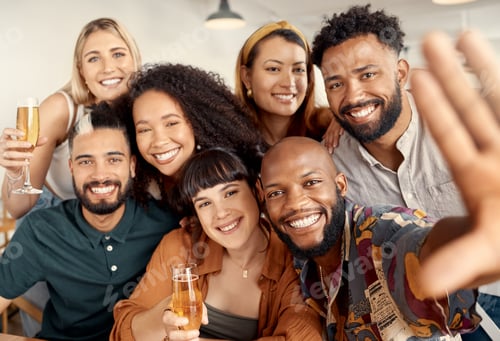 Preview: Shot of a group of young friends taking selfies together at a restaurant