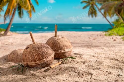 Preview: Tasty coconut milk in shell on an exotic island.