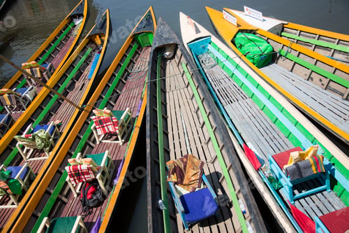 Preview: Rows of colorful boats moored at lakeside, Inle lake, Burma