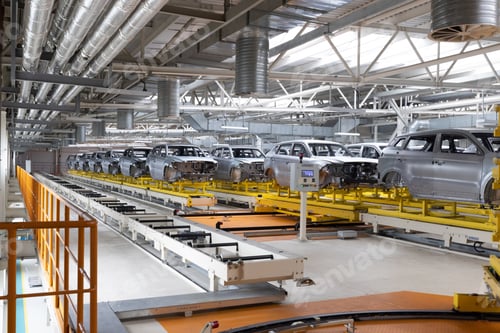 Preview: Car bodies are on assembly line. Factory for production of cars. Modern automotive industry
