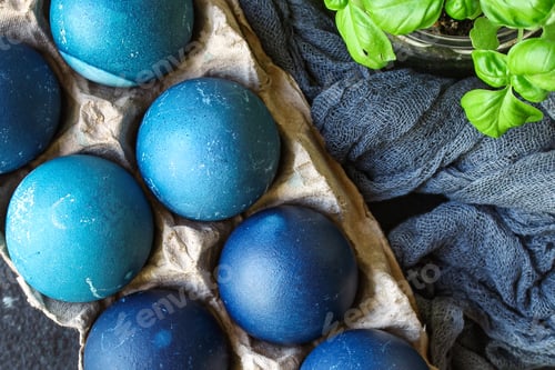 Preview: Easter Eggs Painted Blue Treat Festive Table Rustic Meal Top View Copy Space For Text Food