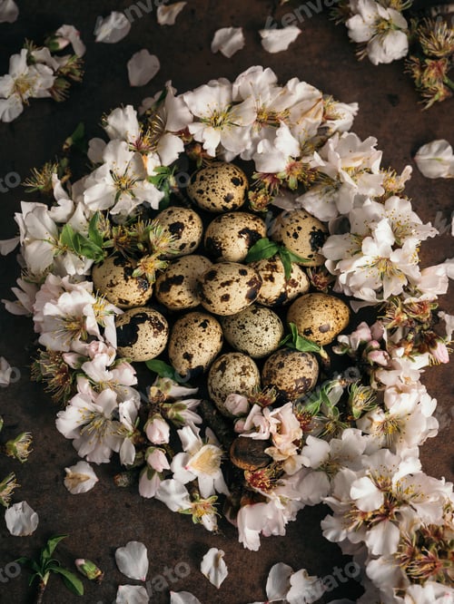 Preview: Heap of quail eggs with flowers on table
