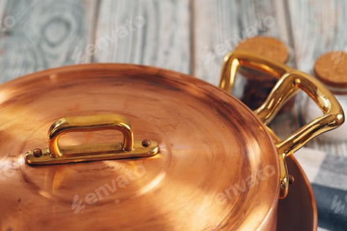 Preview: New copper cookware for professional kitchen close up