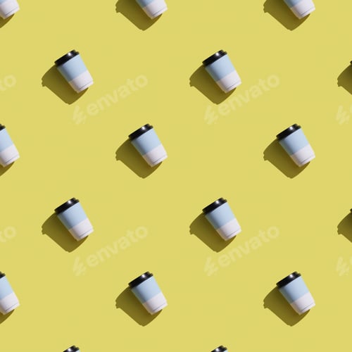 Vista previa: Patrón con muchos vasos desechables de papel blanco y azul para café o té con sombras profundas