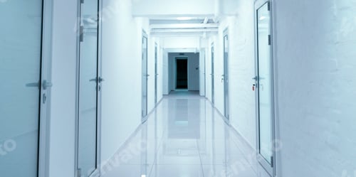 Preview: Empty corridor in hospital with closed doors