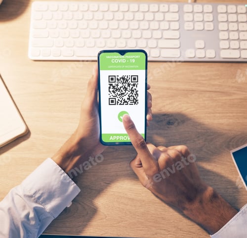 Preview: Hands, phone and QR code of covid vaccination for online passport, travel or business trip at night