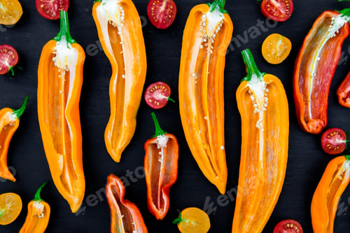 Preview: Mixed of half red and yellow pepper with a green branch