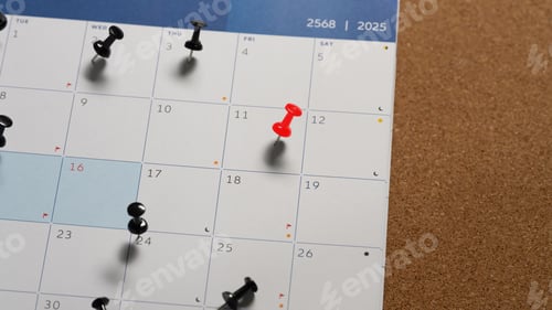Preview: Calendar with a red push pin marking an important date, representing appointment or planning