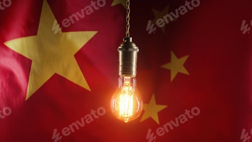 Preview: Flickering classic antique Edison Tungsten filament lamp on waving chinese flag background