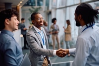 Preview: Happy black businessman shaking hands with his colleague while attending at convention center.