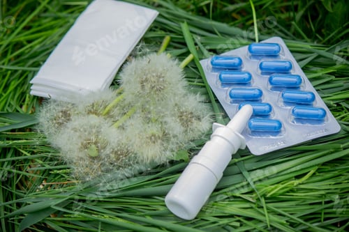 Preview: Nasal drops, allergy spray, wipes and tablets. Allergy treatment concept