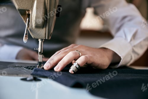 Preview: Man using an industrial sewing machine, stitching a garment.