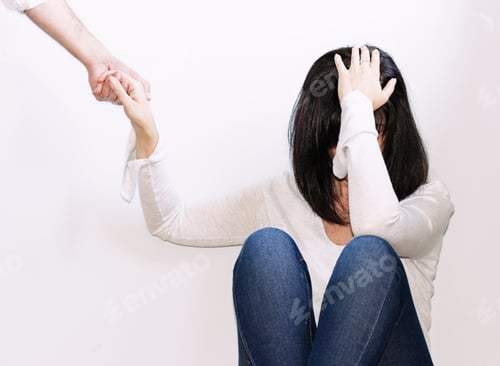Preview: Woman looking depressed, hand on head, holding hands, help, assistance