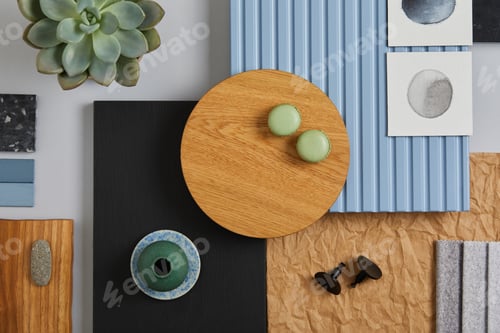 Preview: Flat lay of creative architect moodboard composition