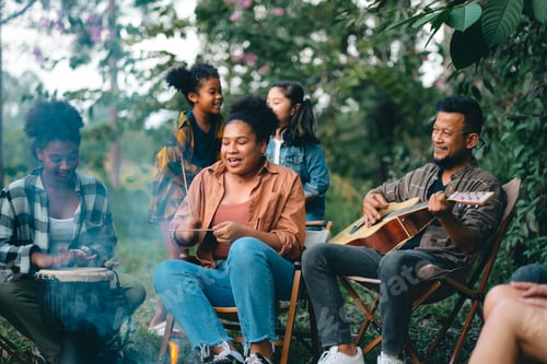 Preview: group of people family enjoy camping outdoor activity with nature, camp site living in happy time