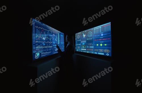 Preview: The business lady standing between blue monitors in the dark office.