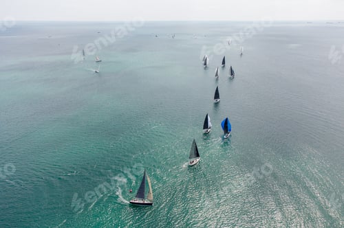 Preview: Aerial view of sailing yachts regatta race on sea near Varna in Bulgaria, Black sea