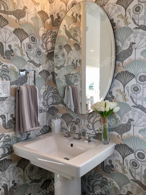 Preview: Washroom decorated in light grey color with whimsical wallpaper