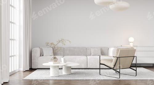 Preview: Modern light living room interior mockup with white sofa and armchair, 3d rendering