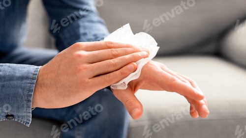 Preview: Man disinfecting palms with antibacterial napkins, close up