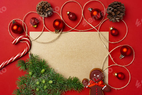 Preview: Red christmas baubles with blank page mock up for greeting card