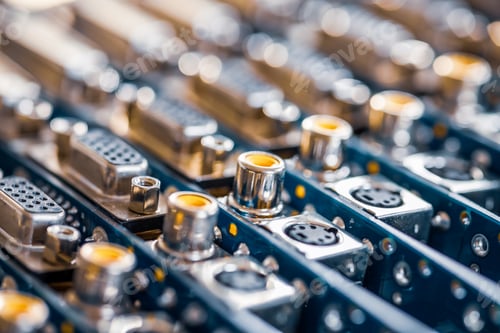 Preview: Close-up blurry metal sockets on a computer video board