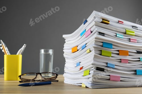 Preview: Stack of documents with binder clips and glasses on wooden table against grey background